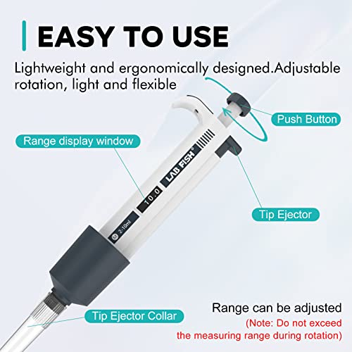 LAB FISH Laboratory Micropipette 2-10ml Capacity High Accurate Single Channel Pipettor Manual Adjustable Volume Pipettes Increment 0.1ml with 20pcs 10ml Pipette Tips Set - style: 2-10ml Set
