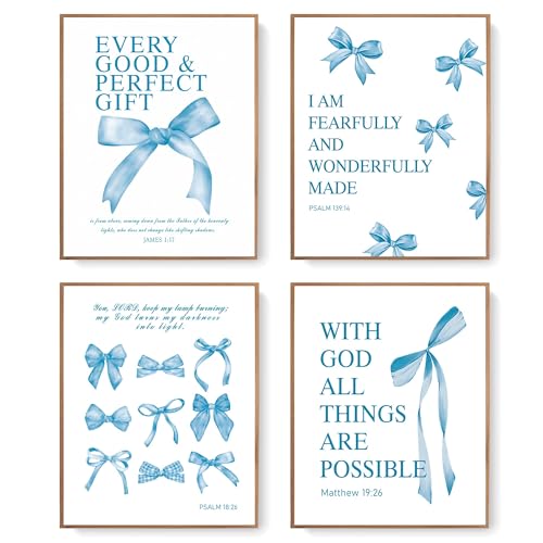 LARTSFRO Coquette Blue Bow Bible Wall Art Decor Poster, Blue Bow Bathroom Decor, Aesthetic Teen Girl Living Room Bathroom Decor, Trendy Gifts for Women Teens Teen Girls, 10x8 Inch Set of 4 Unframed - color: blue bow, size: 8X10in