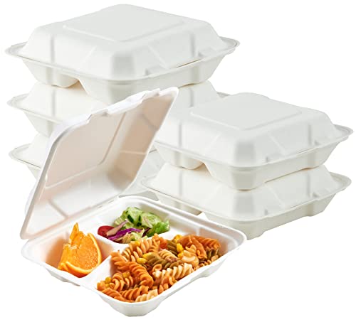 ECOLipak 50 Pack Clamshell Take Out Food Containers, 100% Compostable Disposable To Go Containers, 8X8 inch 3-Compartment Heavy-Duty To Go Boxes - color: 8*8 in, 3-Compartment,50Pack