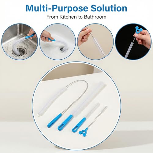 Flexible Drain Cleaning Brush Set, Long Pipe Cleaner for Kitchen Sink, Shower, Tub Hair Clogs, White, 4 Pack
