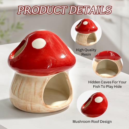 Betta Fish Tank Accessories, 4.33'' × 4.33'' Ceramic Mushroom House Aquarium Decor - Cute Red Hideout Cave Ornament for Small Fish, Shrimp, Goldfish, Hamsters & Reptiles (Red) - color: Red