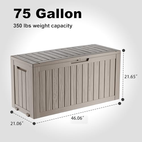 PatioZen 75 Gallon Resin Deck Box, Lockable Patio Outdoor Storage Box for Furniture, Garden Tools and Tools Storage, Waterproof Outside Storage Boxes - Grey - color: Grey, size: 75 Gallon