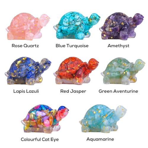 8PCS Crystal Turtle Figurine Set for Teens- Handmade Sea Turtle Resin Decor for Home, Office & Fish Tank, Healing Crystal Animal Statues for Desk, Shelf or Meditation Space Gift