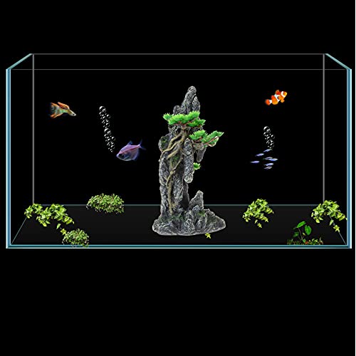 Tall Aquarium Decor Mountain View with Tree & Cave 13.8inch, Large Fish Tank Decoration, Artificial Resin Rock Mountain Betta Fish Tank Ornament for Goldfish Cichlid Shrimp Hiding Playing - color: 2#