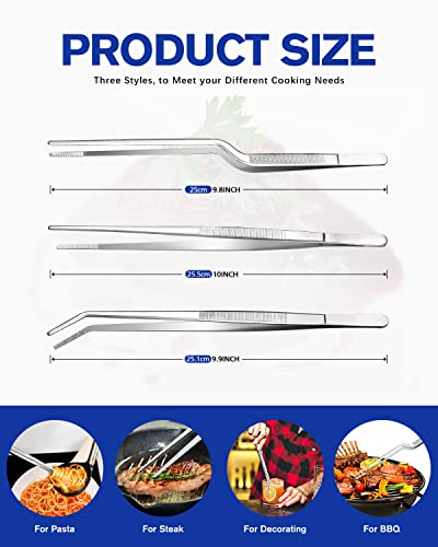 Fine Cooking Tweezers Set, Professional Stainless Steel Food Tongs, Kitchen Black Long Chef Tweezer for Cooking, Plating, Decorating and BBQ (SILVER, 10 inch) - color: Silver, size: 10 inch