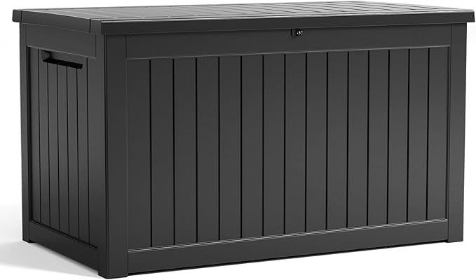 PatioZen 230 Gallon Resin Deck Box, Lockable Patio Outdoor Storage Box for Furniture, Garden Tools and Tools Storage, Waterproof Outside Storage Boxes - Black - color: Black, size: 230 Gallon