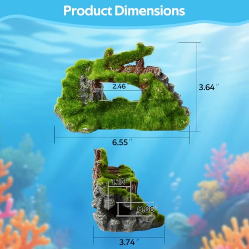 Saim Aquarium Cave Decor, Mossy Hollow Rock Hideout for Betta Fish & Shrimp - Natural Ruins Stone with Hole, Small Fish Hideaway Tank Ornaments
