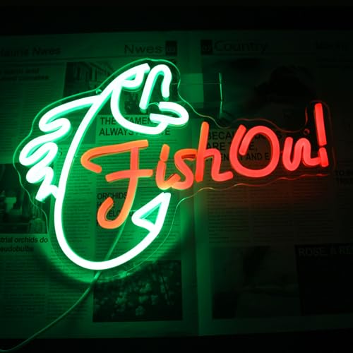 Fish On Neon Sign Go Fishing LED Signs for Wall Green Red Neon Light Dimmable Neon Lights Signs Fish Neon Light Up Sign for Bedroom Living Room Man Cave Yacht Decor Men Gifts - color: Green Red