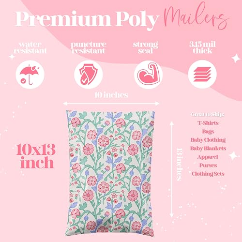 10x13 Designer Poly Mailer 100 Pack Heavy Duty Waterproof Self Seal Shipping Bags for Small Business Large Mailing Envelopes Bulk Tear Resistant Packaging Garden Party Spring Flowers - color: Garden Party, size: 10x13