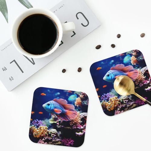Drink Coasters Set of 4 Leather Coasters for Drinks Coral Reef Fish Aquarium Round Cup Mat Pad Easy Clean Bar Coasters Heat Resistant Funny Cup Coasters for Tabletop Protection,4 Inches - color: Square