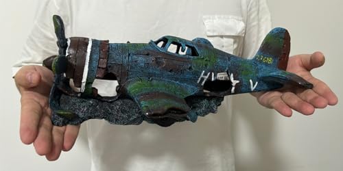 S-Lifeeling Fish Tank Decoration Fighter Vintage Airplane Ruins Submarine Landscape Fish Shrimp Shelter Cave Hideout Resin Aquarium Decor Turtle Tank Decoration - color: Airplane L Size