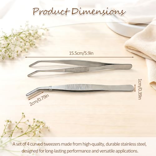 Stainless Steel Curved Tip Tweezers with Serrated Grip, Multipurpose Precision Forceps for Sewing, Crafting and Repair Tasks(4 piece)