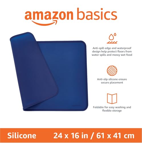 Amazon Basics Waterproof Non-Slip Silicone Pet Feeding Mat with Raised Edges, Prevents Spills, Easy to Clean, Protects Floors for Cat & Dog Food and Water Bowls, 24 x 16 Inches, Blue - color: Blue, style: 24" x 16"