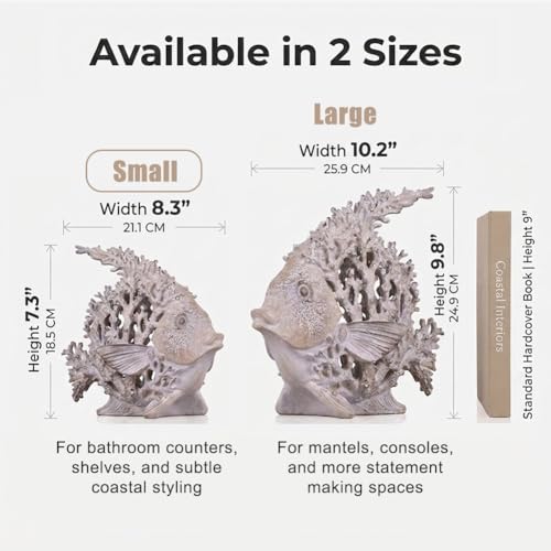 7.28'' Ocean Coral Fish Sculpture - Resin Coastal Fish Figurine with Coral Backdrop, Ocean Blue & Sandy Beige Finish - Nautical Tabletop Accent for Living Room, Beach House & Bathroom Decor - color: Antique White, size: Small