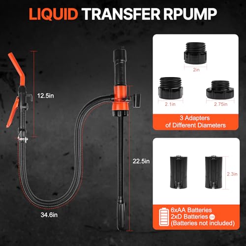 Portable Battery Powered Pump, Fuel Transfer Pump Battery Powered with 3 Adapters, Electric Siphon Pump for Gas, Fuel, Diesel, Water Transfer, Multi-Use Siphon Fuel Transfer Pump