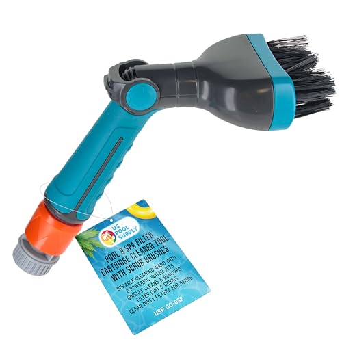 U.S. Pool Supply Cartridge Pool Filter Cleaner Tool - Spa Filter Cleaner for Hot Tub Pool, Water Jet Spray Angled Brush Head Cleaning Wand, Clean Dirty Cartridges, Dirt Debris, Garden Hose Connector