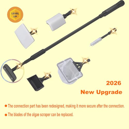 Carefree Fish 9IN1 Aquarium Cleaning Tools Long Handle Adjustable Length 20~36Inch Fish Tank Cleaner Kit Algae Scraper Scrubber Brushes Set Plant Scissor Long Tweezer - size: 20~36In