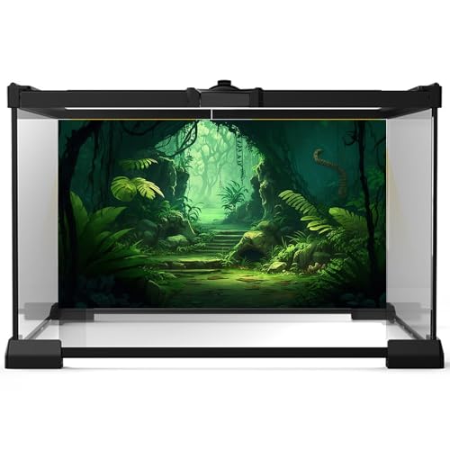 Cartoon Jungle Cave Aquarium Background Green Prehistoric Tropical Leaves Fish Tank Background Small Path Misty Rainforest Reptile Tank Backgrounds Foggy Cave Reptile Enclosure Backgrounds 24x12in - color: Bright Green, size: 24(W)x12(H)inches/ 60(W)*30cm