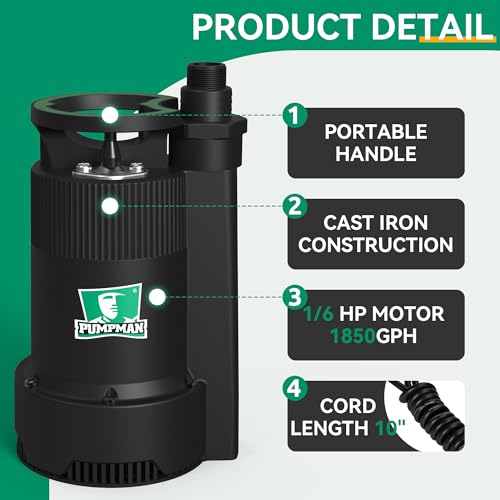 PUMPMAN 1/6HP Utility Pump, 1850 GPH Submersible Water Pump with Handle, Thermoplastic Portable Well Pump IPX8 Waterproof for Pools, Basements, Car Washing, Garden - style: 1/6HP 1850GPH