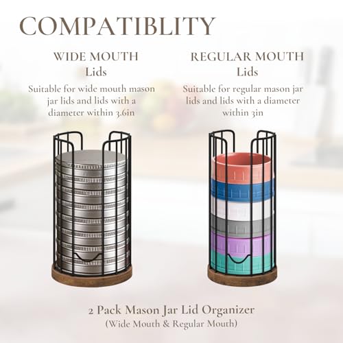 Mason Jar Lid Organizer, 2-Pack Mason Jar Lid Holder with Wood Base & Metal Frame, Mason Jar Lid Storage Accessories for Kitchen Countertop or Cabinet, Fit Mason/Canning/Bamboo Lids