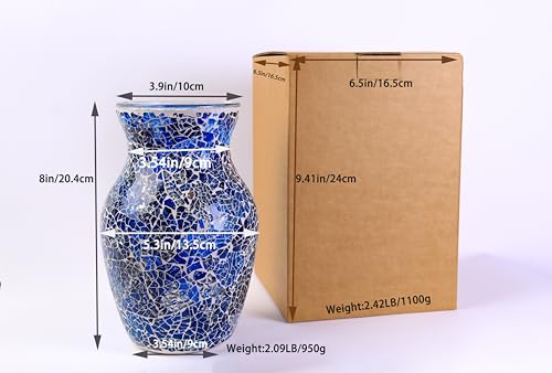 8" Deep Blue Mosaic Vase, Klein Blue Glass Flower Vase with Silver Wave Crest Design, Hand-Pasted Ocean Art Centerpiece for Modern Home, Living Room & Office - color: Klein Blue