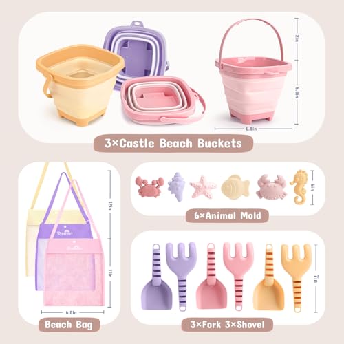 3 Pack Beach Toys Set for Kids Toddlers Girls, Collapsible Sand Buckets with Beach Molds and Mesh Bag, Sandbox Travel Toys Beach Vacation Essentials, Camping Gear, Fishing (Purple/Pink/Yellow) - color: Purple/Pink/Yellow