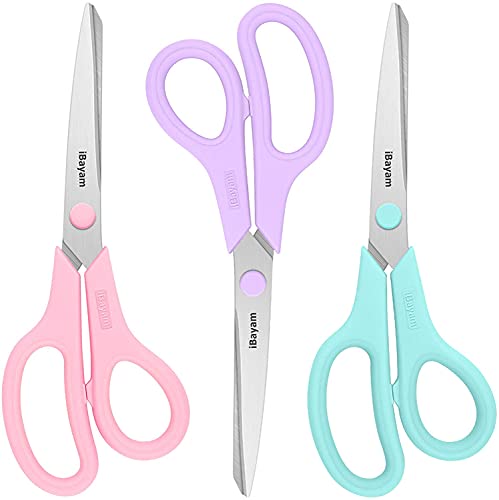 Scissors, iBayam 8" All Purpose Scissors Bulk 3-Pack, Ultra Sharp 2.5mm Thick Blade Shears Comfort-Grip for Aesthetic Fun Cute School Office Teacher Desk Crafts and Art Supplies Accessories Essential - color: Pastel Pink, Soft Purple, Macaron Blue, size: