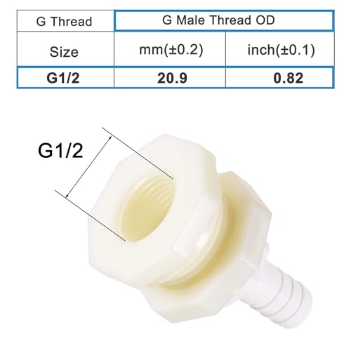 Bulkhead Fitting Adapter, 12mm Barbed x G1/2 Female ABS White, Water Tank Connector for Aquariums, Water Tanks, Tubs, Pools, 4pcs - size: 1/2" 4pcs
