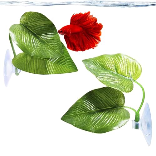 SunGrow Betta Fish Leaf Hammock, Twin Leaf Design with Suction Cup, 2-Pack - Comfortable Resting, Breathing & Breeding Pads, Easy Install, Simulates Natural Habitat for Healthier Betta - size: 2 Inches