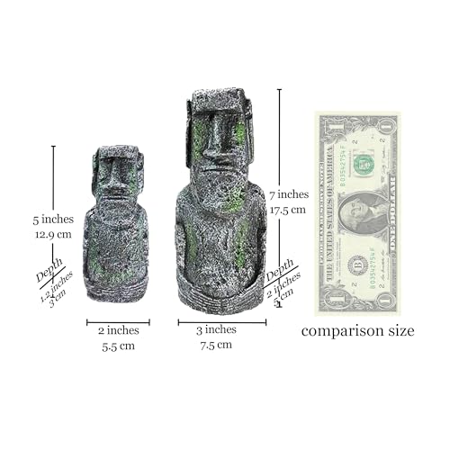 SunGrow Betta Fish Moai Decor, 7" and 5", Hollow Resin Replicas of Easter Island Statues, Freshwater, Saltwater Tank Decor, Terrariums and Vivariums, 2 Pcs per Pack