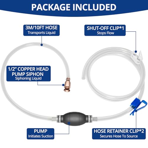Siphon Pump - Gasoline Transfer Pump, Portable Hand Fuel Siphon Pump with 10 Ft PVC Hoses, Manual Gas Syphon Pump for Oil, Diesel, Water, Liquid, Fluid - color: White