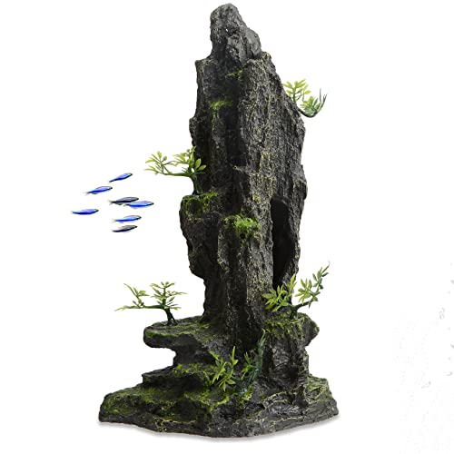 14.4" Tall Aquarium Cave Decor, Large Resin Mountain Hideout with Artificial Plants, Rock Shelter for Betta & Cichlid, Landscape Ornament for 20-40 Gallon Freshwater & Saltwater Tank