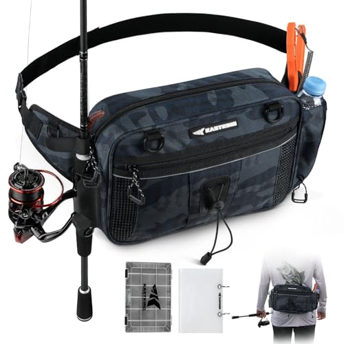 KastKing BaitSpace Waist Bag – Waterproof Tackle Storage Bag With Adjustable Belt, Fishing Fanny Pack for Men, Soft Bait Organizer, 3600 Utility Box, Rod Holder, Nylon - color: Blue Camo