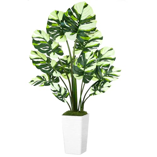 UPBUD Artificial Monstera Deliciosa Plant, 5FT Fake Tropical Monstera Tree with White Planter & 12 Lifelike Leaves, 60in Tall Faux Floor Plants Fake Trees for Indoor Office Home Living Room Decor - color: White Leaves White Planter
