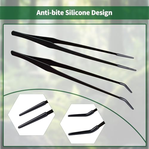 2 Pack Stainless Steel Reptile Feeding Tongs with Rubber Tip, 10.6" Straight & Curved Tweezers, for Aquarium or Craft, Planted Tank, Terrarium Tank, Feeder for Beard Dragons, Lizard and Snakes, Black - color: 10.6"Black