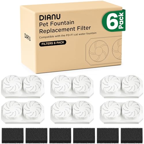 DIANU Official Cat Water Fountain Replacement Filters & Pre-Filter Sponges for 3.2L/108oz Stainless Steel Pet Fountain (Six Pack)