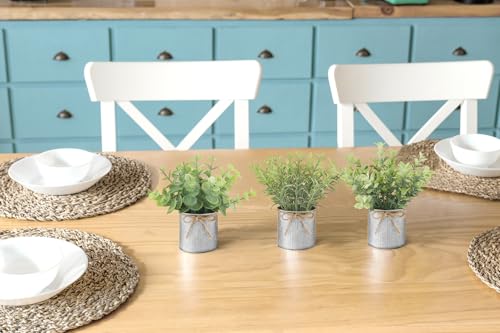 Mkono Mini Fake Plants in Farmhouse Galvanized Metal Pots 3 Pack Small Potted Artificial Plant Eucalyptus for Laundry Room Bathroom Shelf Table Decor - color: Grey, size: 2.36 inch
