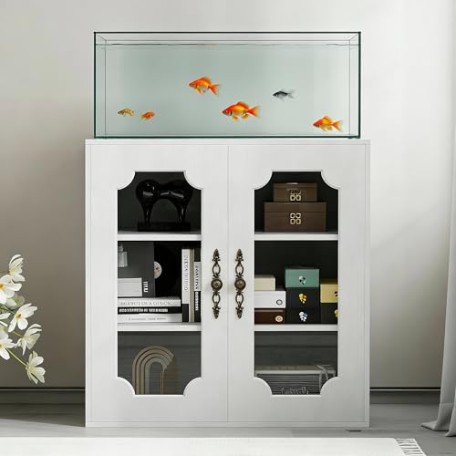 20 Gallon Aquarium Stand with Glass Door, Modern Fish Tank Stand, Reptile Tank Stand Terrarium Stand with Adjustable Shelves & Cabinet Storage, Sturdy Heavy Duty 31.5"×15.7" Tabletop