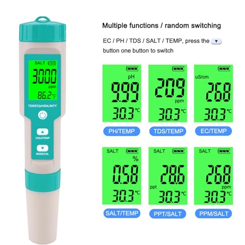 Pool Salt Tester - Multifunctional 5 in 1 Salinity, PH, TDS, EC, and Temperature Meter, Pool Salinity Testing Kit, Digital Salinity Tester for Swimming Pool,Saltwater, Sea Water, Aquarium - color: Green
