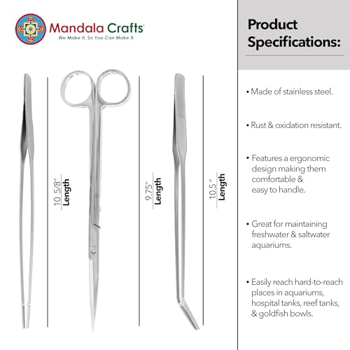 Mandala Crafts Stainless Steel Aquascaping Tools Kit – Aquarium Plant Tools with Tweezers and Scissors for Fish Tanks, Hospital Tanks, Goldfish Bowls, Aquariums, and Terrariums - color: Stainless Steel 3-in-1 Kit, size: 10 Inches