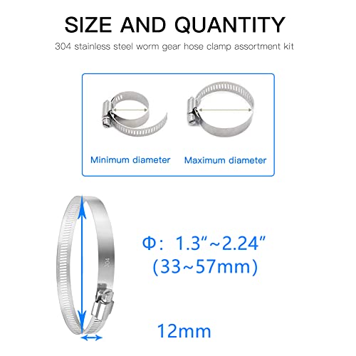 Quickun 10Pcs 2" Stainless Steel Hose Clamp Worm Gear Clamps Adjustable 1.3"-2.24"(33-57mm) Range, Fuel Line Clamp for Water Pipe, Hose Clips, Automative and Mechanical Application - size: 1.30"-2.24"