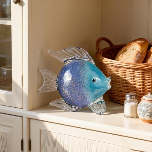 Blue Glass Fish Art Decoration Hand Blown Glass Fish Figurine, Art Paperweight Collection, Modern Office Luxury Decorations(WA-7)