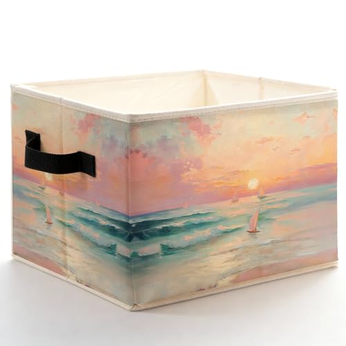 Pink Coastal Beach Sunset Sailboat Storage Bins Box with Handles, Pastel Nautical Ocean Seascape Foldable Basket Toybox for Girls Bedroom Bathroom Home Clothes Toys Books - color: color-2