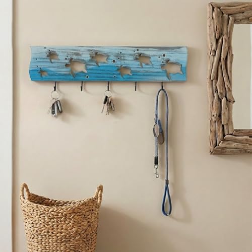 Sea Turtle Driftwood Wall Art & DIY Key Holder – Handmade Coastal Home Decor – 17.5" Genuine Weathered Wood Plank with 5 Removable Hooks for Keys, Leashes, and Jewelry – Beach House Entryway Organizer (Turtle Bay) - style: Turtle Bay