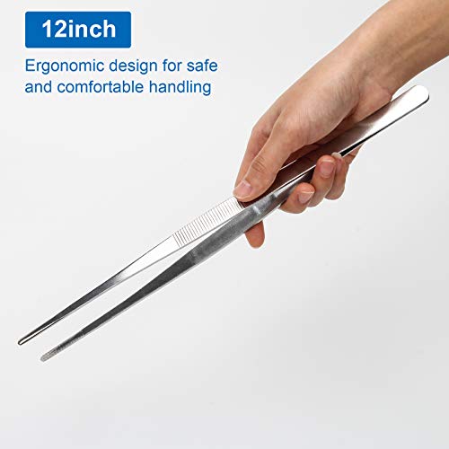 AHIER 12inch Kitchen tweezer Stainless Steel, Long tweezer with Precision Serrated Tips for Cooking Pincette for Sea food, Bar Tweezer - size: 12"