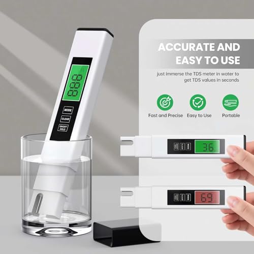 TDS Water Tester, 4 in 1 TDS Meter Digital Water Tester, Accurate and Reliable Digital TDS EC & Temp(°C,°F) Meter, 0-9990PPM Water Quality Tester for Drinking Water RO/DI System Aquarium White 6.1In