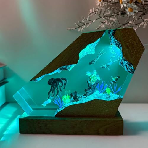 Octopus Ocean Resin Lamp, Handmade Wooden Table Resin Night Light, USB Port Art Ornaments for Home Office Decor, Scuba Diver Gifts for Birthday Holiday, Valentine's Day Gifts for Husband - color: Octopus, size: S