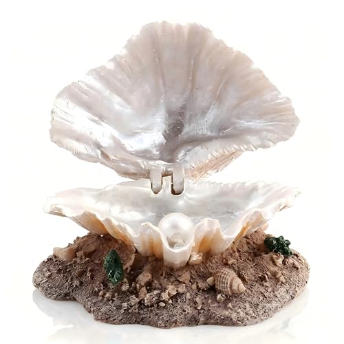 Aquarium Shell Decor with Air Stone Bubbler,Aquarium Decoration Corals Reef Aerating Action Ornament Mini Cute Undersea Clam Pearl Ornaments White