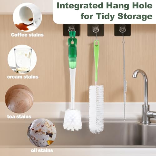 5 Pack Bottle Brush Set, 5 in 1 Water Bottle Cleaning Brush, Long Handle Narrow Wine Cup Cleaner, 3 Straw Brushes for Stanley, Travel Nipple Lid Gap Detail Washer Brush - color: Green