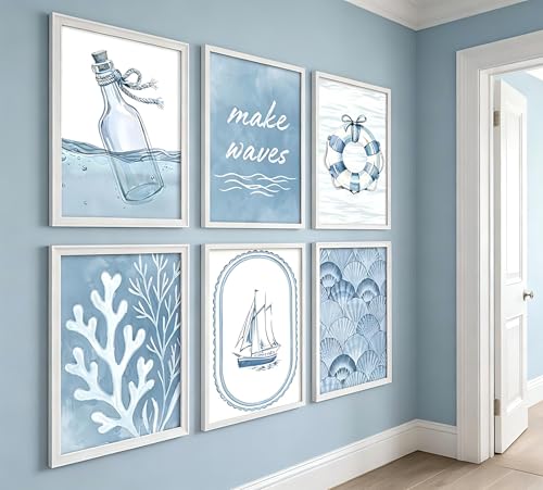 6Pcs Nautical Canvas Wall Art, Ocean Theme Wall Decor Pictures, Blue Coastal Poster Prints with Drift Bottle、Sailboat、Coral, for Living Room Study Beach House Home Decoration 8x10inch Unframed - color: Sailboat, size: 8x10in